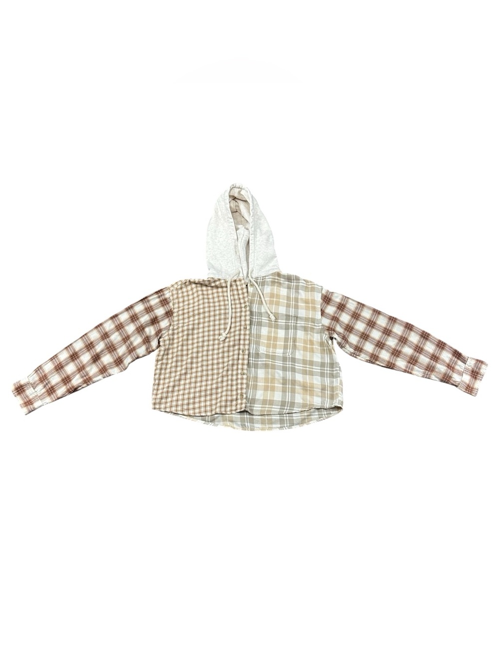 American Eagle Womens M Cropped Patchwork Plaid Hooded Button Down Shirt